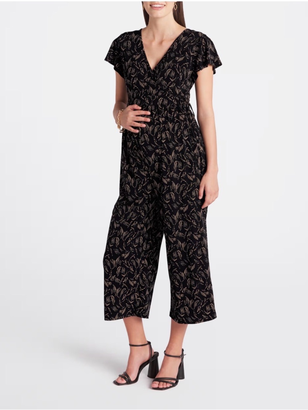 Kaileigh Black Leaf-Print V-Neck Jumpsuit